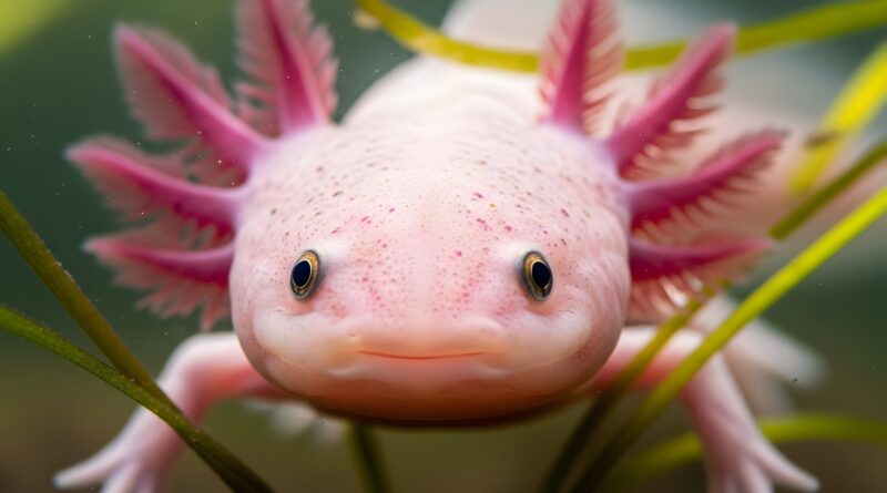 Ajolote rosado bajo el agua