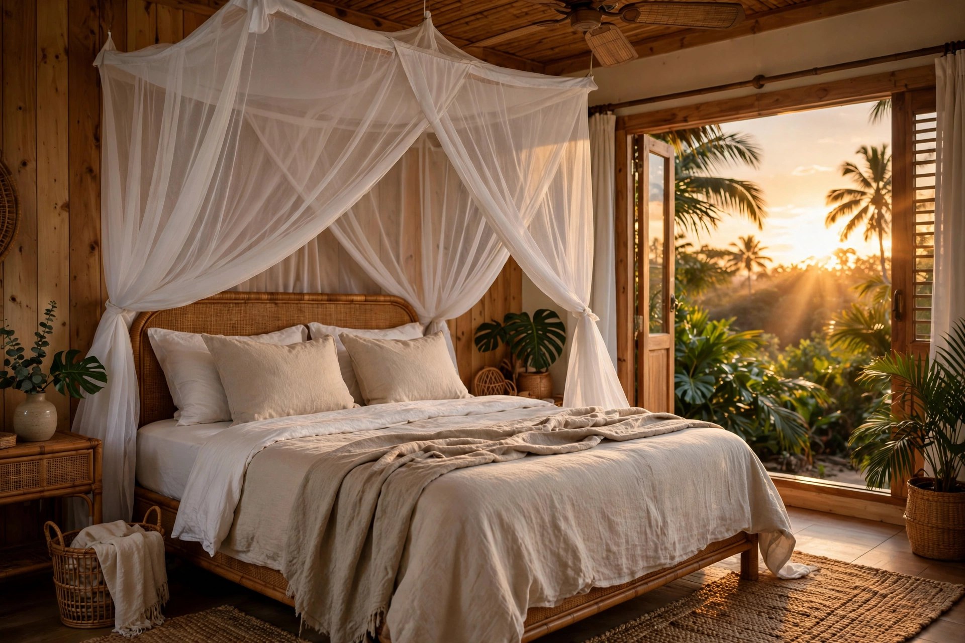 Cama con mosquitero en habitación tropical