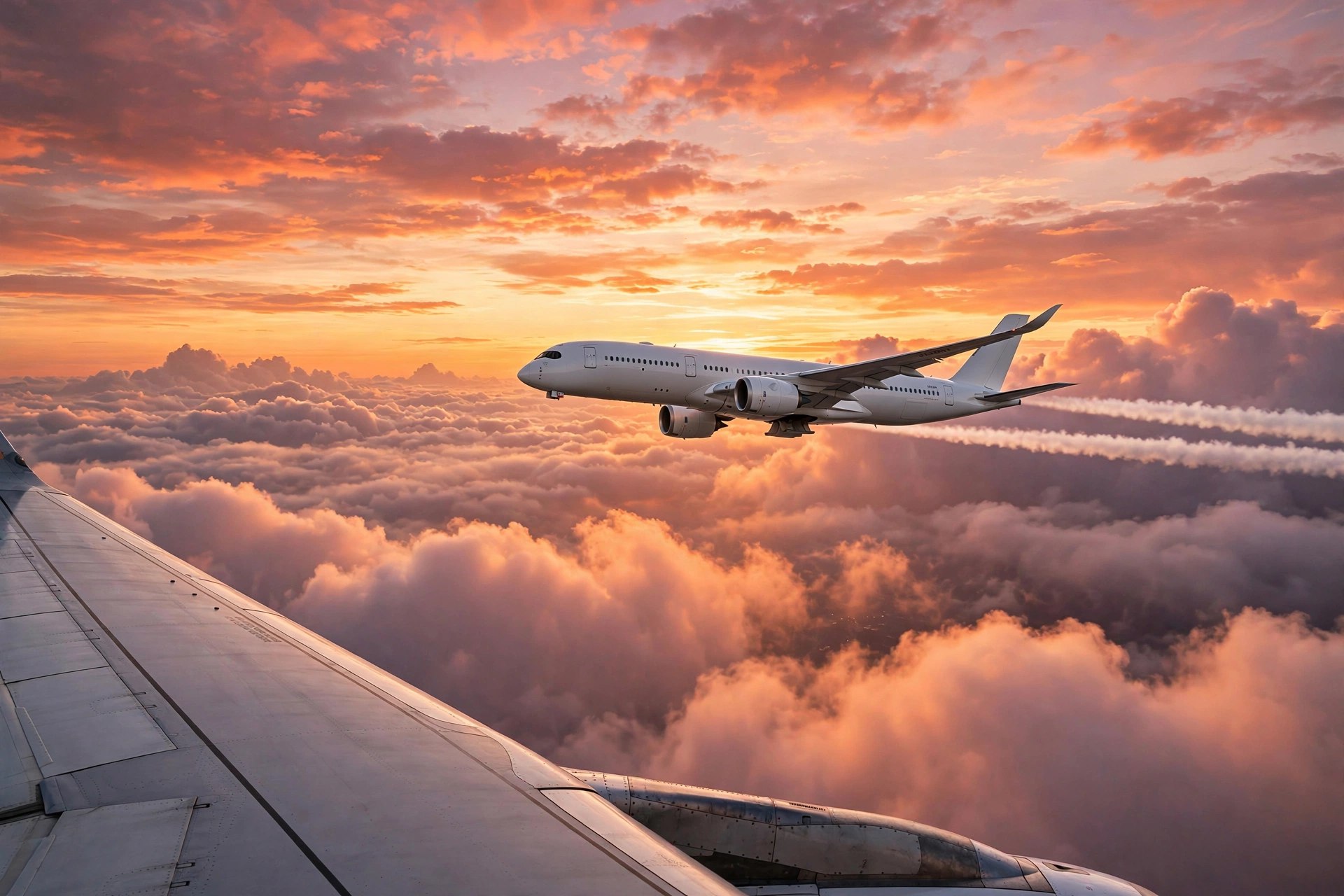 Avión comercial moderno volando sobre las nubes al atardecer