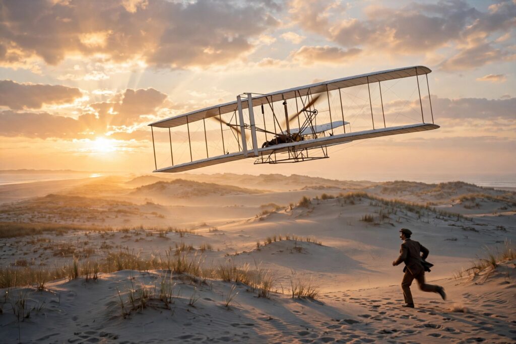 El Flyer de los hermanos Wright despegando en Kitty Hawk