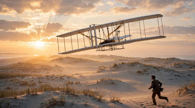 El Flyer de los hermanos Wright despegando en Kitty Hawk