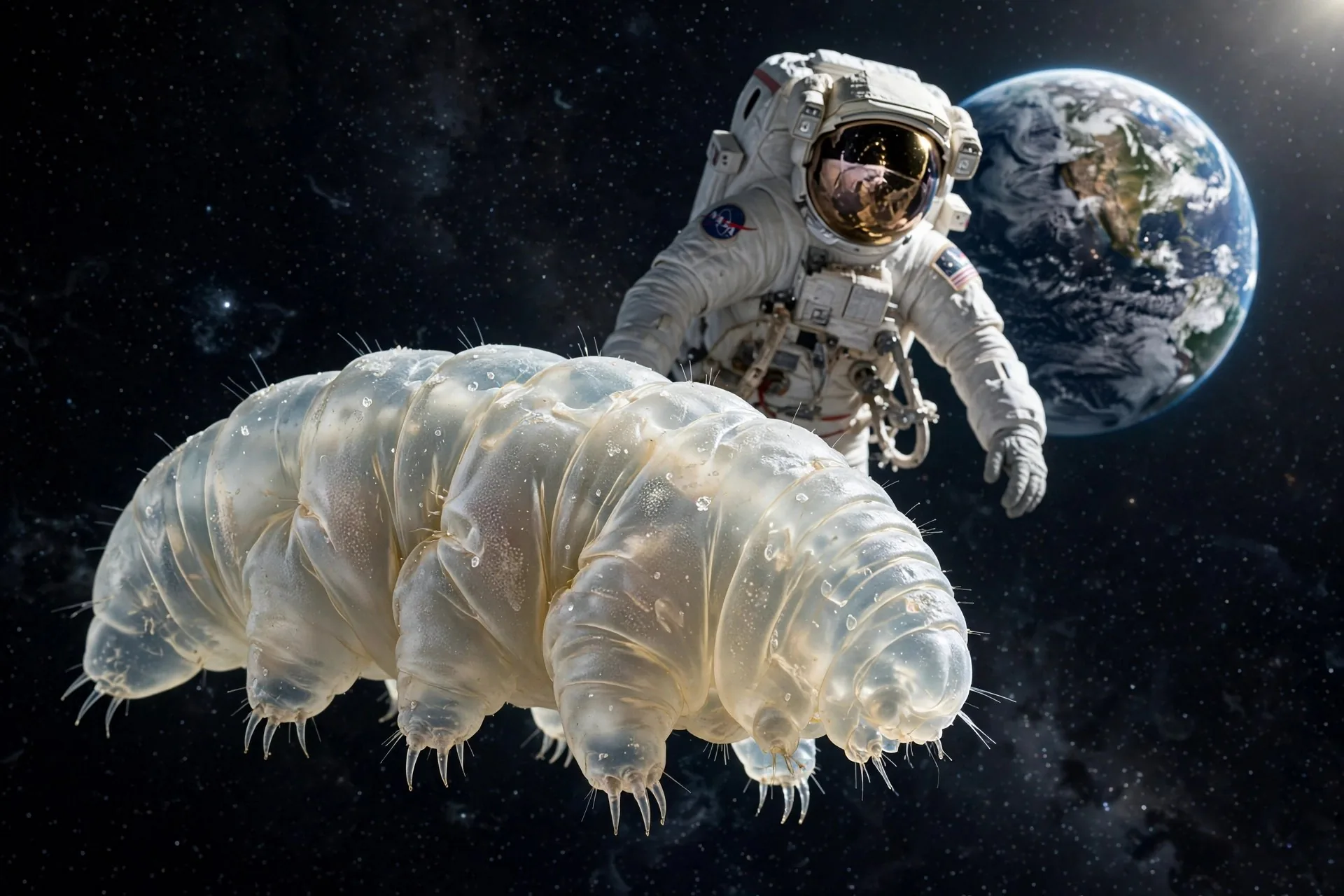 Tardígrado en el espacio exterior junto a un astronauta