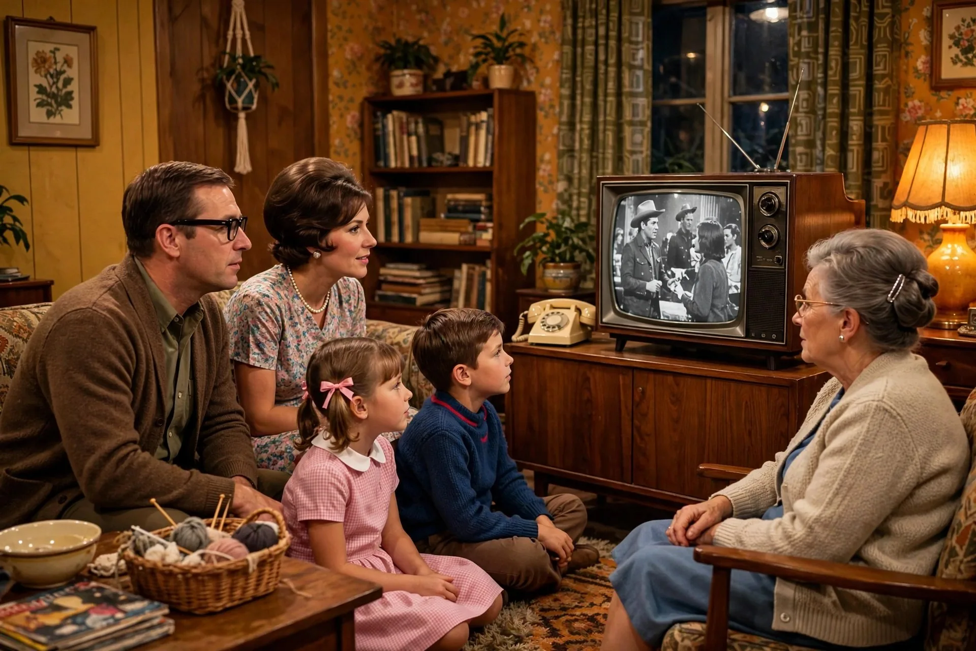Familia de los años 60 viendo televisión vintage
