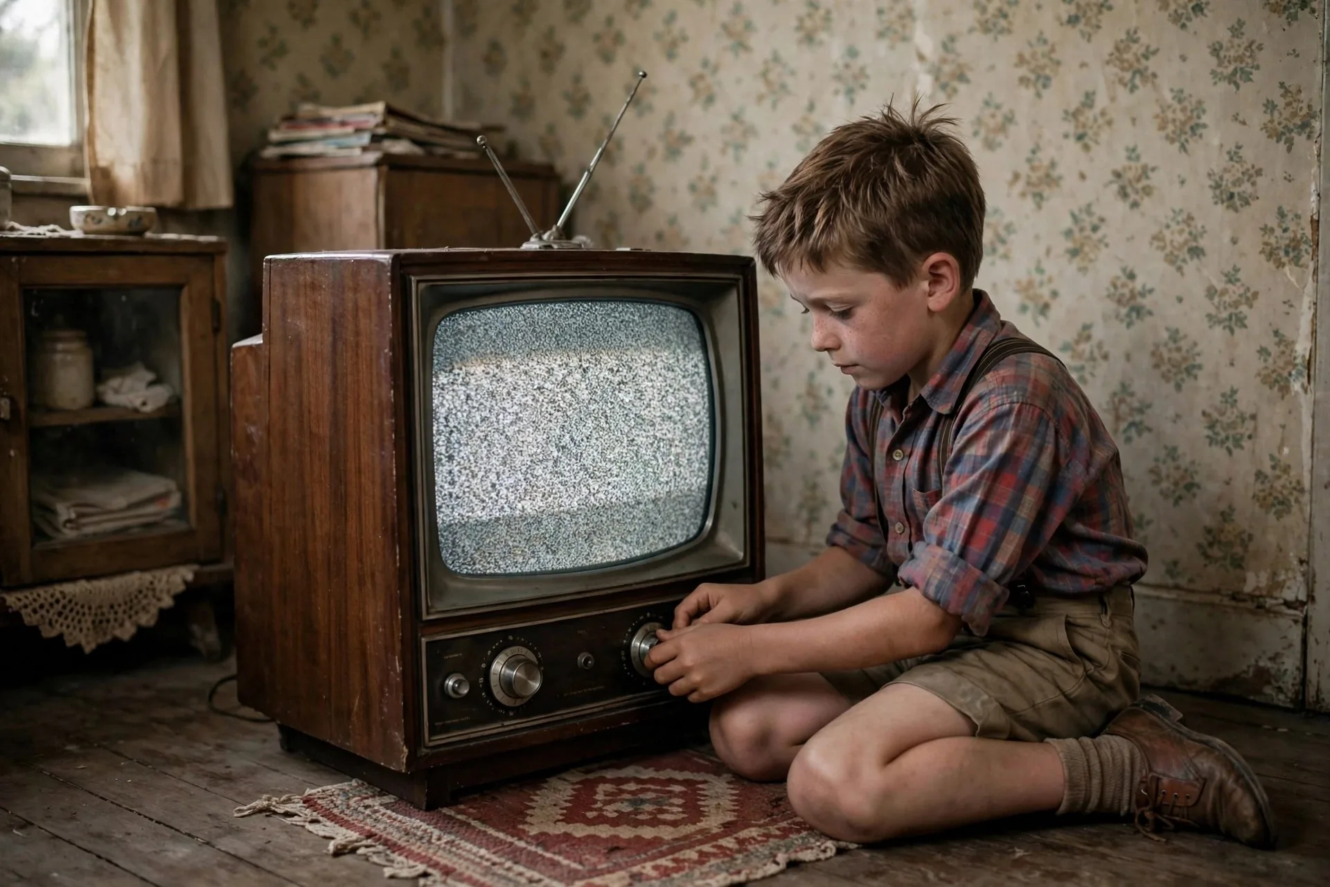 Niño sintonizando un televisor vintage en los años 50