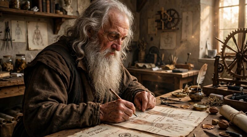 Leonardo da Vinci en su taller entre bocetos