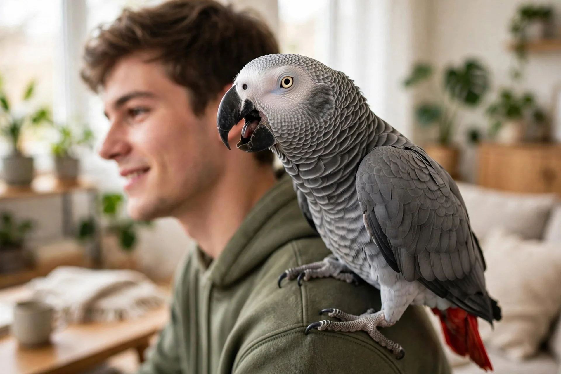 Loro gris africano posado en el hombro de una persona
