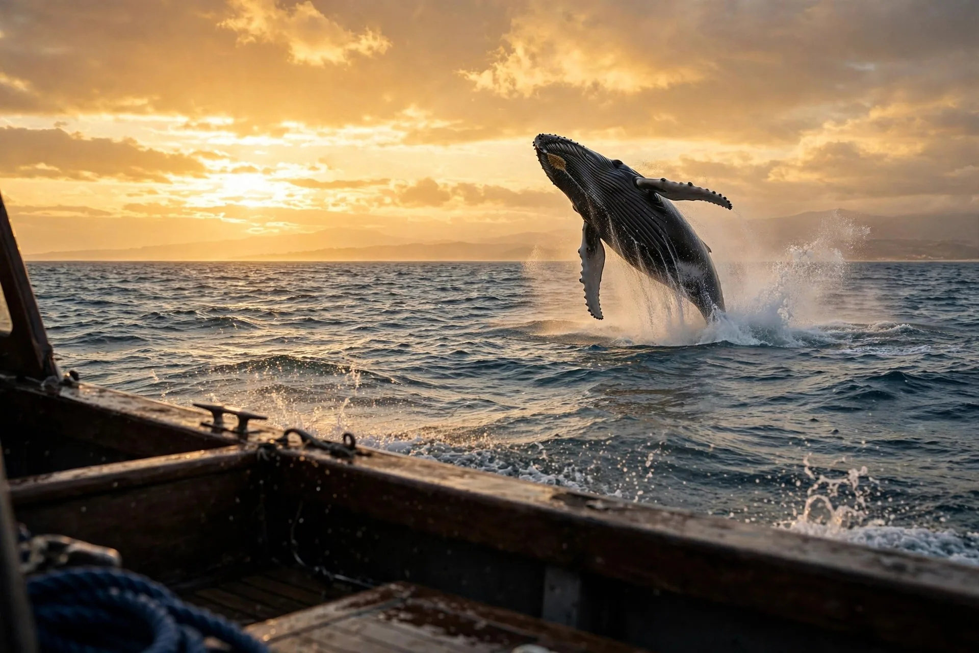 Ballena jorobada saltando del océano al atardecer