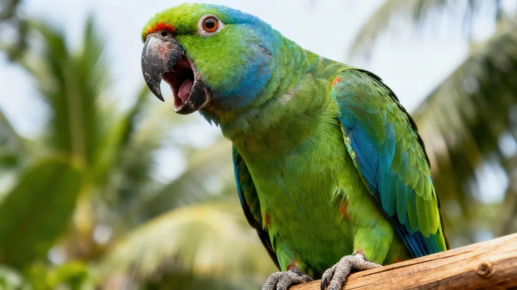 Loro amazónico con el pico abierto