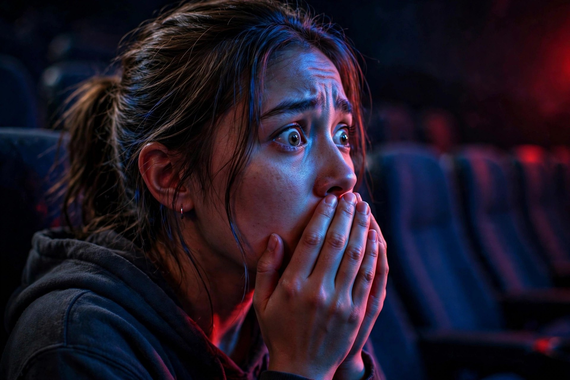 Joven asustada viendo una película de terror en el cine oscuro