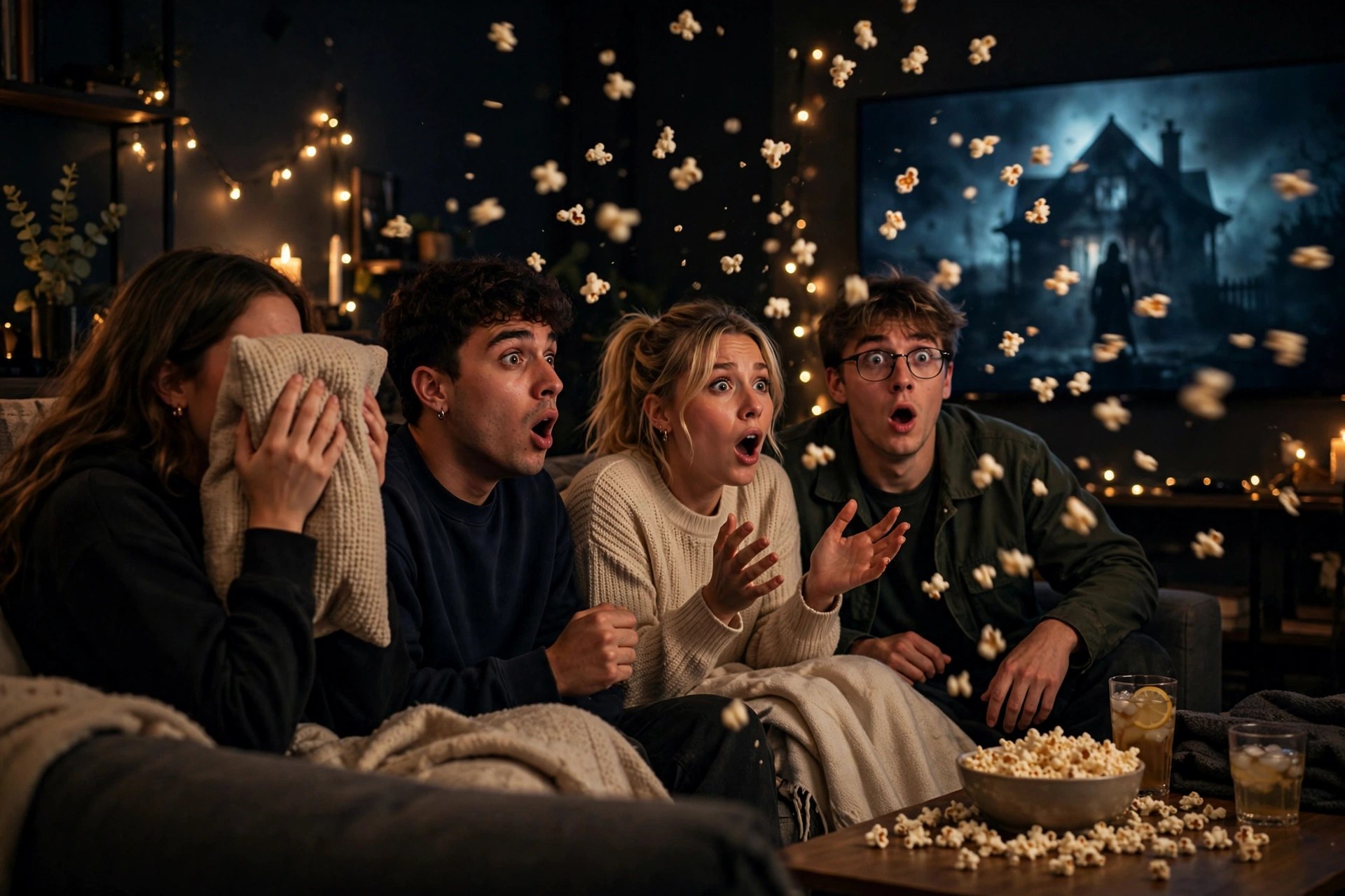 Amigos asustados viendo una película de terror en casa de noche