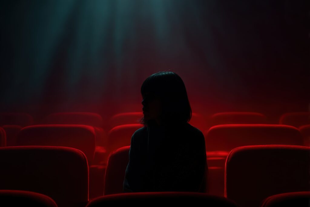 Mujer sola en un cine oscuro y vacío