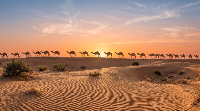 Caravana de camellos cruzando las dunas del desierto