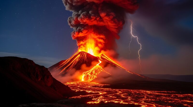 Erupción volcánica nocturna con ríos de lava