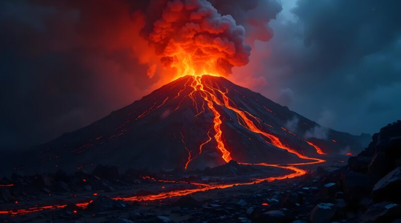Volcán en erupción con ríos de lava