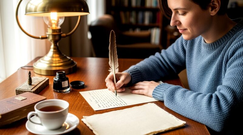 Escritora con pluma de ave en su escritorio