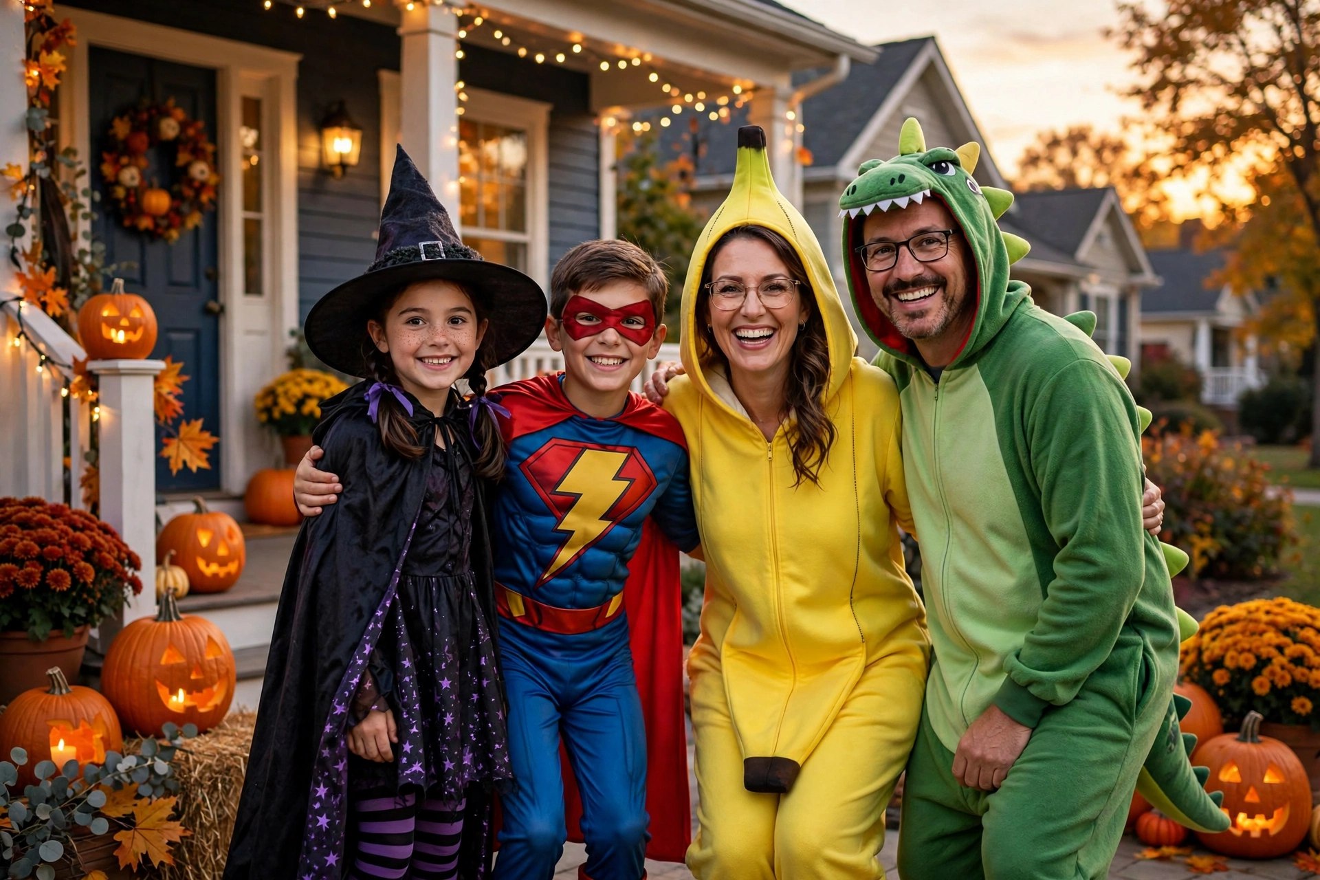 Familia disfrazada para Halloween con calabazas