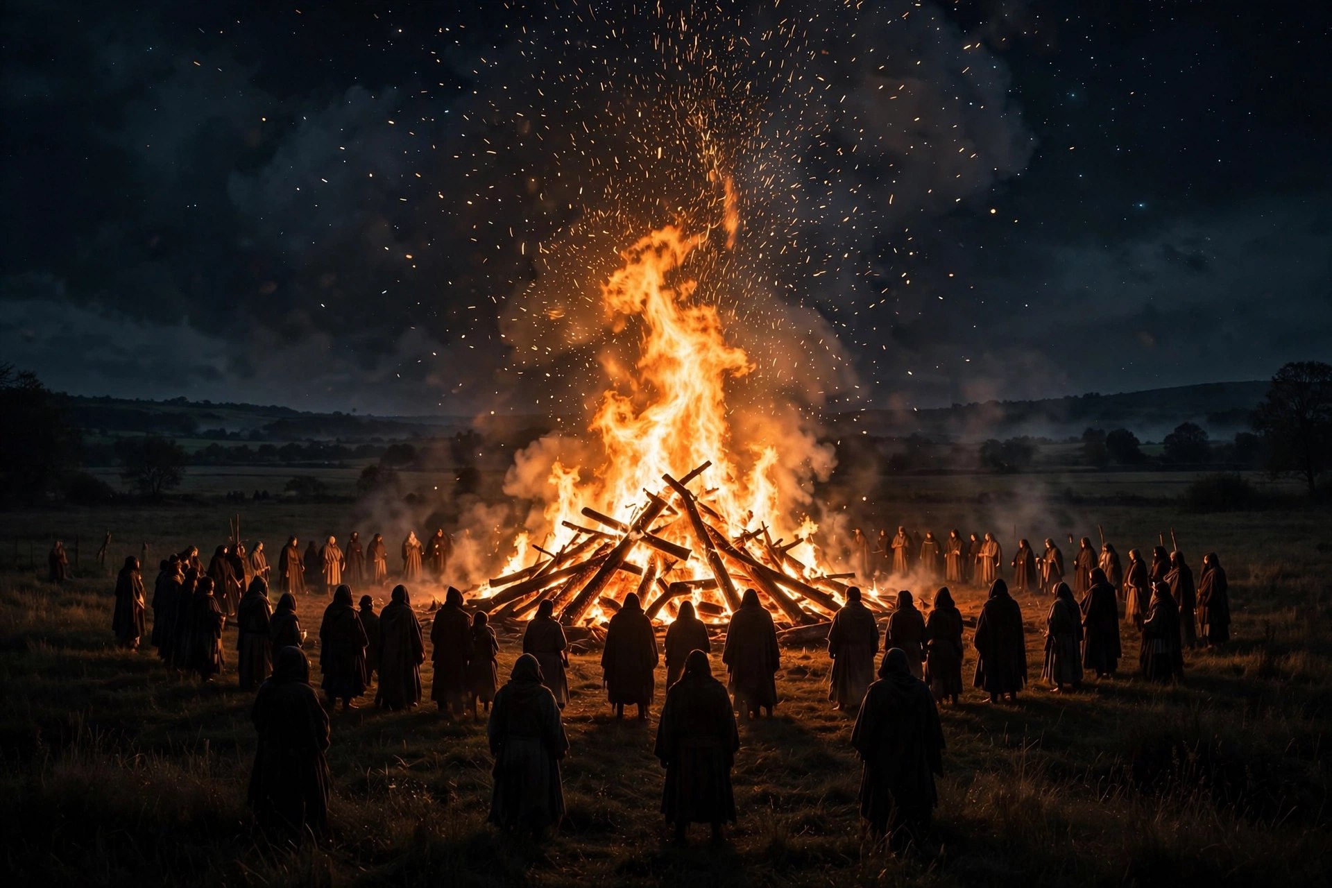 Hoguera nocturna con multitud reunida, como las del festival celta de Samhain